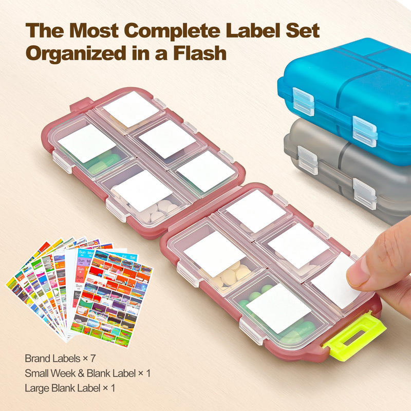 3Pcs Large Pill Organizer with Medicine Labels, 10 Compartments Travel Pill Box with Removable Labels, Portable Foldable Supplement Box Holder for Fish Oil Vitamin, 3.7X2.4X1.8 Inch Multicolor