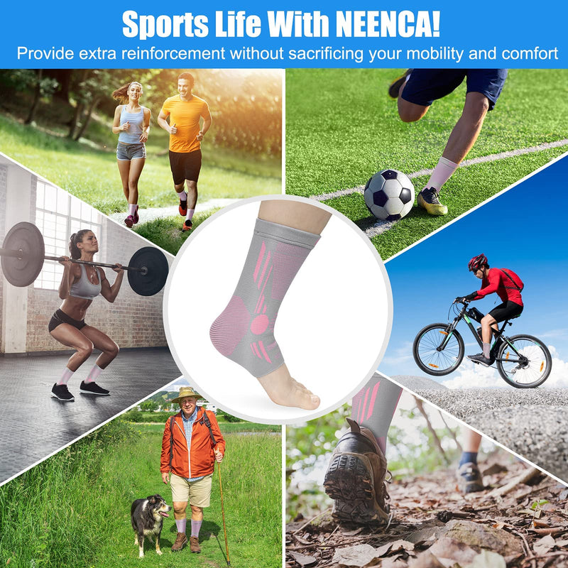 NEENCA Ankle Brace for Pain Relief, 2 Pack Compression Ankle Sleeves Set. Ankle Support Stabilizer for Achilles Tendonitis, Plantar Fasciitis, Joint Pain, Swelling, Arthritis, Sport Large Pink Grey