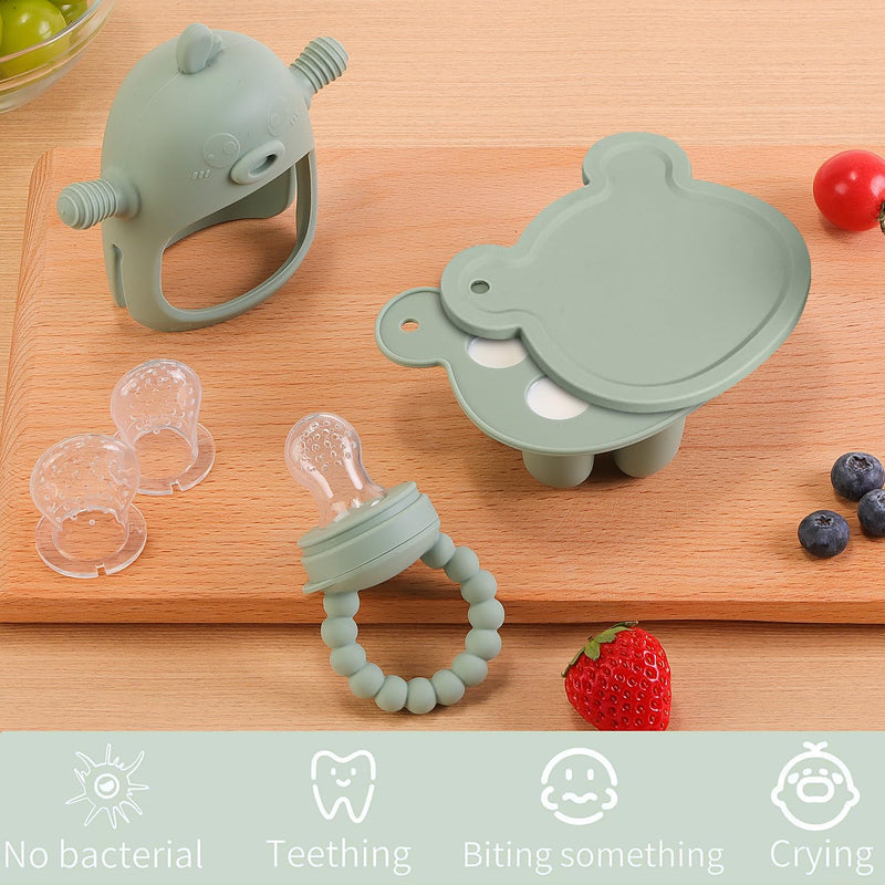 [Australia] - Baby Fruit Feeder Pacifier - 3 Pack | 1 Baby Food Feeder & 1 Baby Teether & 1 Baby Popsicle Molds | Breastmilk Popsicle molds | Baby Teething Toys | Silicone Baby Feeding Set | Baby Feeder (Pea Green) 01. Pea Green - Set 1 