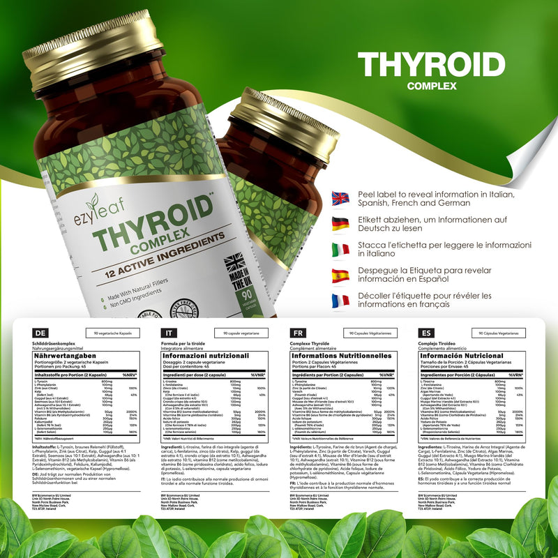 Ezyleaf Thyroid Complex | L Tyrosine Thyroid Support Supplement with Ashwagandha, Iodine, Zinc, Kelp, Sea Moss, Potassium Iodide, Guggul Extract & Selenium | 90 L-Tyrosine Capsules | UK ISO Certified