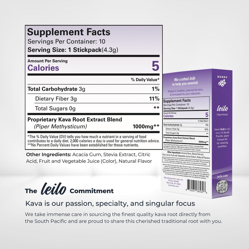 [Australia] - LEILO Calming Kava Drink Mix ‚Äì Berry, 10 Stick Packs (Plant-Based Relaxation Powder, Non-Alcoholic, Sugar-Free Herbal Supplement) 