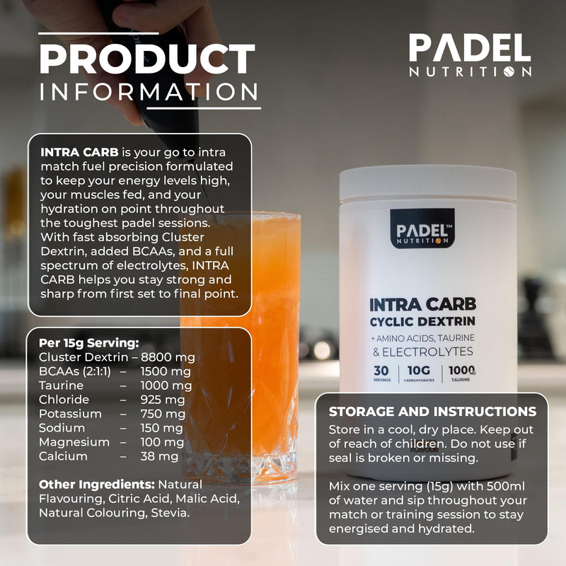 Intra CARB Supplement for Padel Tennis - 30 Servings | Intra Match Fuel with Cluster Dextrin | Sustained Energy, Muscle Support & Electrolyte Balance by Padel Nutrition (Raspberry Lemonade) Raspberry Lemonade