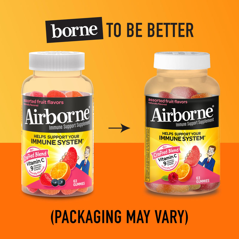 [Australia] - Vitamin C 750mg (per Serving) - Airborne Assorted Fruit Flavored Gummies (63 Count in a Bottle), Gluten-Free Immune Support Supplement with Vitamins A C E, Selenium, Echinacea & Ginger 
