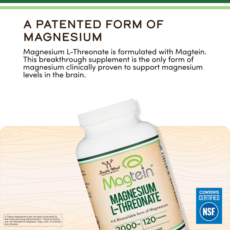 Magnesium L-Threonate 2,000mg Magtein, Natural Sleep Support, 120 Capsules | Cognitive Function, Neurological Health, Sleep + Memory Support, 90-Day Supply, MIT Patented Magtein Form, Third-Party Tested 120 Count (Pack of 1)