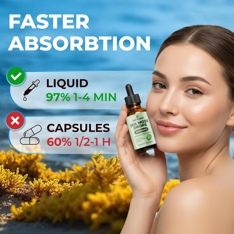 TrueSeaMoss Sea Moss Liquid Drops – Apple, 30 Servings | Irish sea moss liquid drops with black cumin seed oil, bladderwrack, burdock root, vitamin C & zinc. Apple flavor