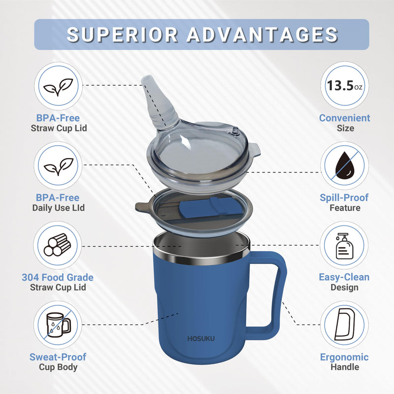 [Australia] - Spill-Proof Cup for Elderly, 13.5oz Stainless Steel Sippy Cup with Straw, Ideal for Seniors and Adults, Great for Water, Milk, and Soup (Blue), Health & Household Supplies Blue 