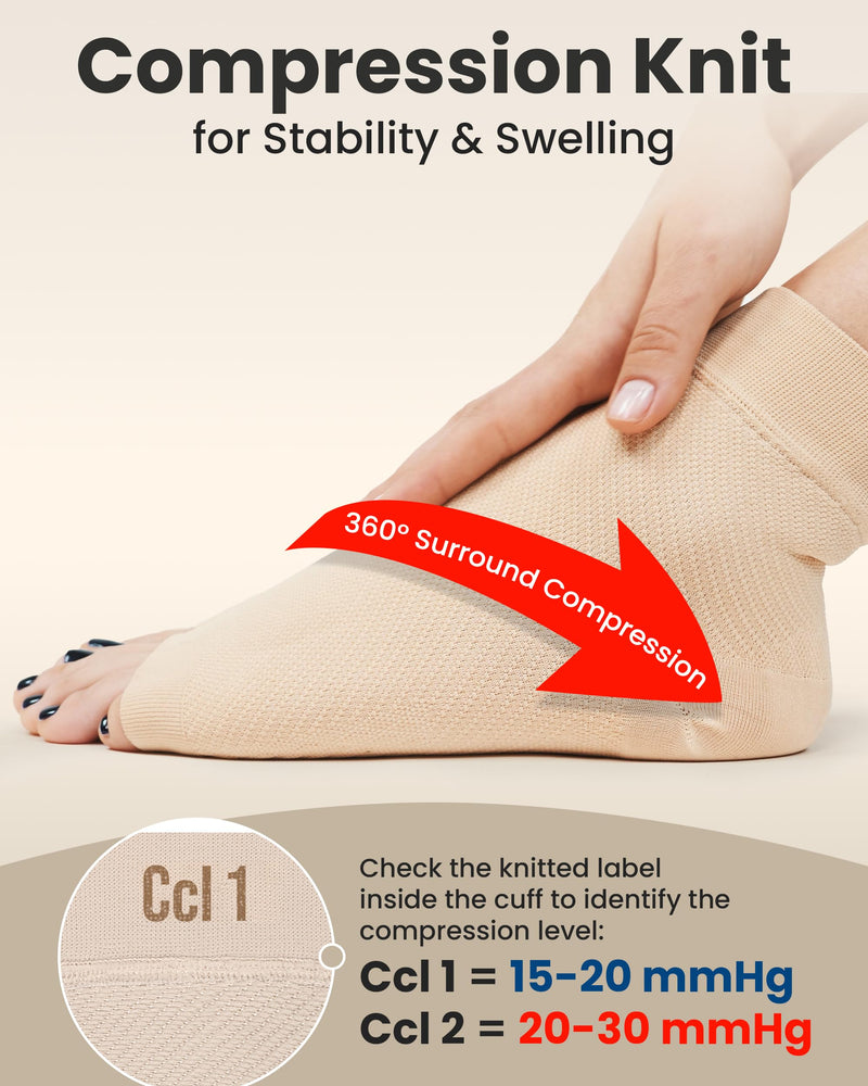 KEMFORD Ankle Compression Sleeve - 2-Pairs, Plantar Fasciitis Braces - Open Toe Compression Socks for Swelling, Sprain, Neuropathy, Foot Arch Support for Men and Women - 20-30mmhg, M, Beige Beige 2-Pairs Medium