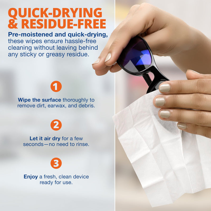 Hearing Aid Cleaning Wipes - 100 Individually Wrapped Pre-Moistened Alcohol-Free Wipes for Hearing Aids, Amplifiers, Earbuds, Audio & Electronics - Portable, Quick-Drying, Gentle, Daily Use & Travel 1 count (Pack of 100)