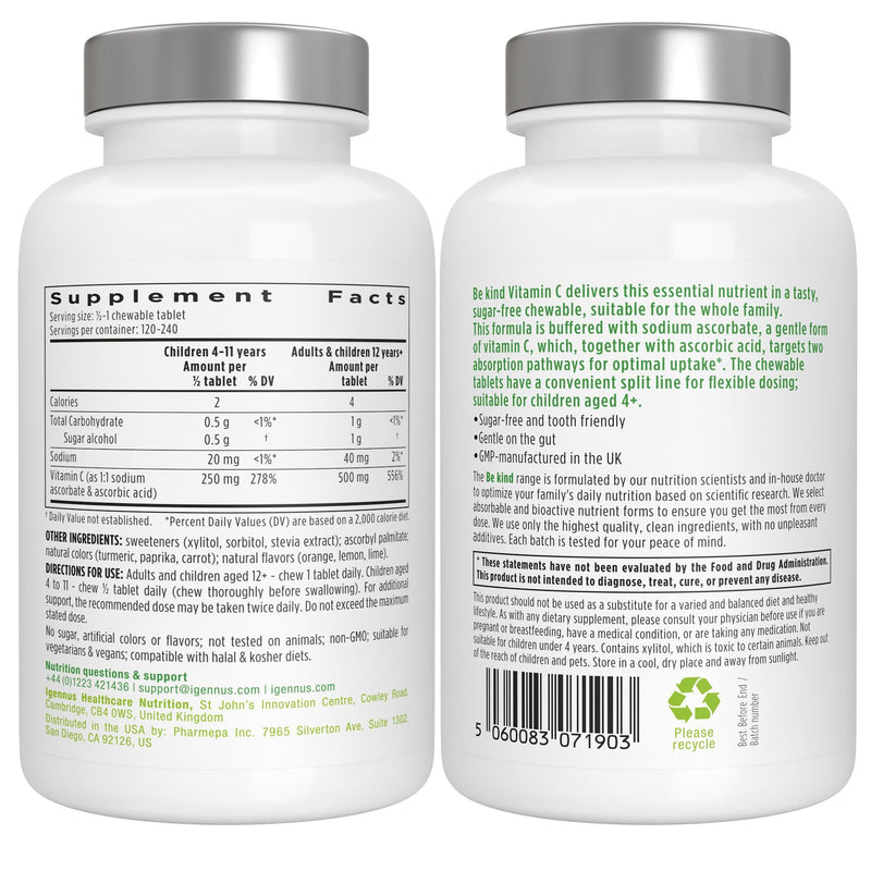 Igennus Vitamin C Chewable 250-500mg Gentle & Buffered for Kids & Adults | Optimized Absorption with Sodium Ascorbate & Ascorbic Acid, Sugar Free Natural Orange & Lemon Flavors, 120–240 Servings