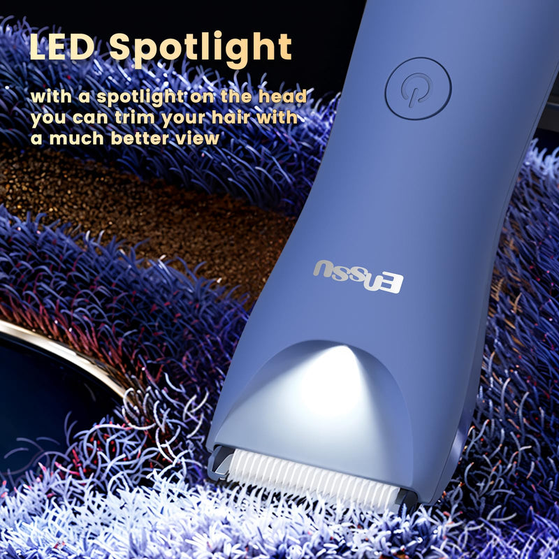 Electric Body Hair Trimmer for Men with Extra Skin-Safe Ceramic Blade, Ball Shaver Groomer w/LED Light& Charging Dock, Pubic Groin Hair Trimmer Male Razor Waterproof (Blue-with Charging Light)