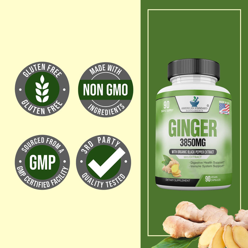 [Australia] - American Standard Supplements Organic Ginger 3850mg Per Serving with Organic Black Pepper Extract, Vegan, Gluten Free, Non-GMO, 90 Capsules, 90 Servings 