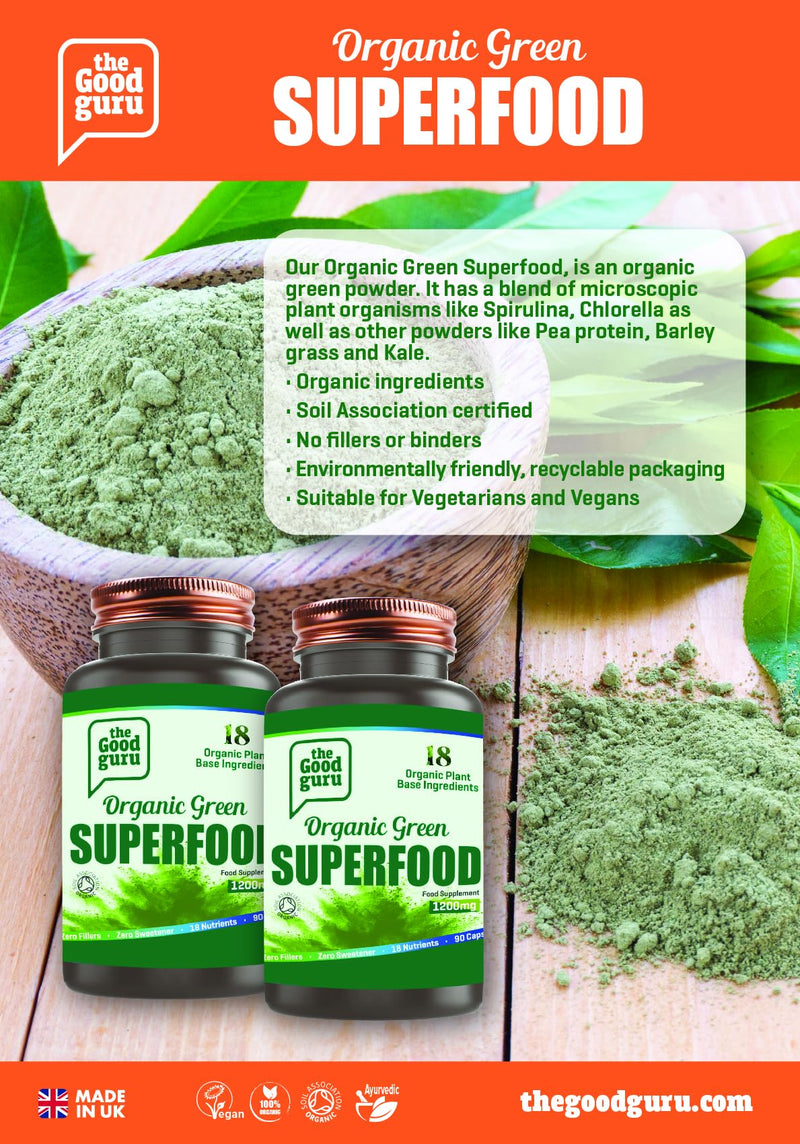 Organic Green Superfood Supplement Capsules - 90 Capsules with 18 Nutritious Ingredients