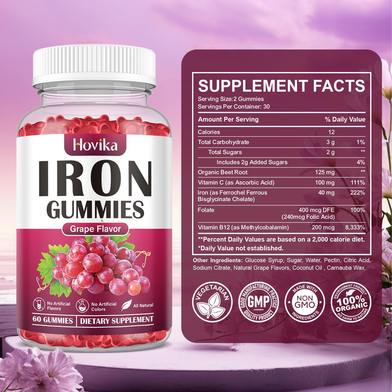 Iron Gummies Supplement for Women & Men, Iron Supplements for Anemia with Vitamin C, B12, Folate-Blood Builder & Energy Support for Iron Deficiency-Grape Flavor, Vegan, 60 Gummies Grape 60 Count (Pack of 1)