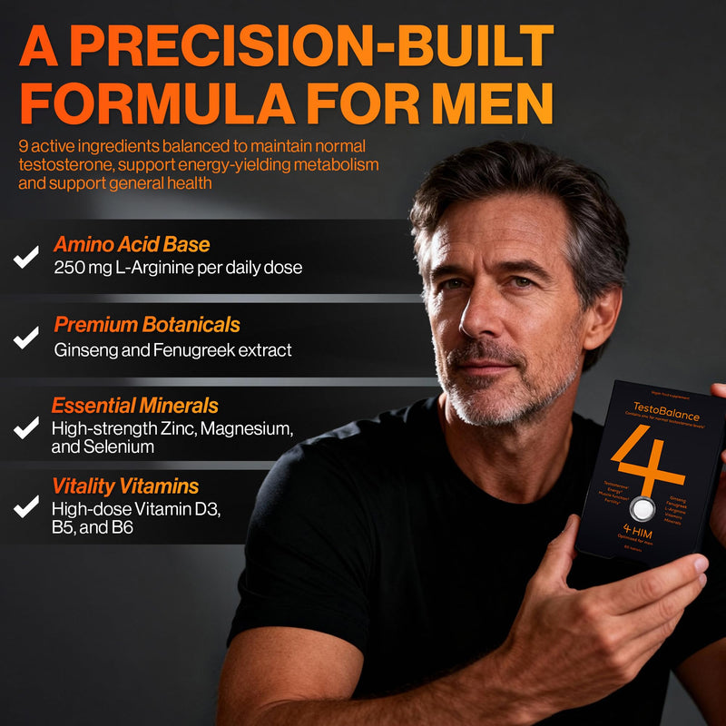 4 HIM TestoBalance - Testosterone Supplements for Men - with Zinc + Magnesium + B6 Complex, L-Arginine, Ginseng & Fenugreek - Energy & Muscle Function - 60 Vegan Tablets