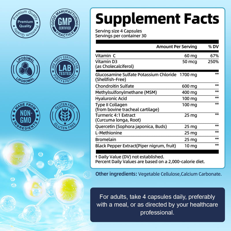 [Australia] - 12 in 1 Liposomal Glucosamine Chondroitin MSM Collagen 3000MG, FSA-HSA Items Only List for Men & Woman Supplement, Flexibility & Cartilage Maintenance, Non-GMO, CGMP, Gluten-Free 120 Count (Pack of 1) 