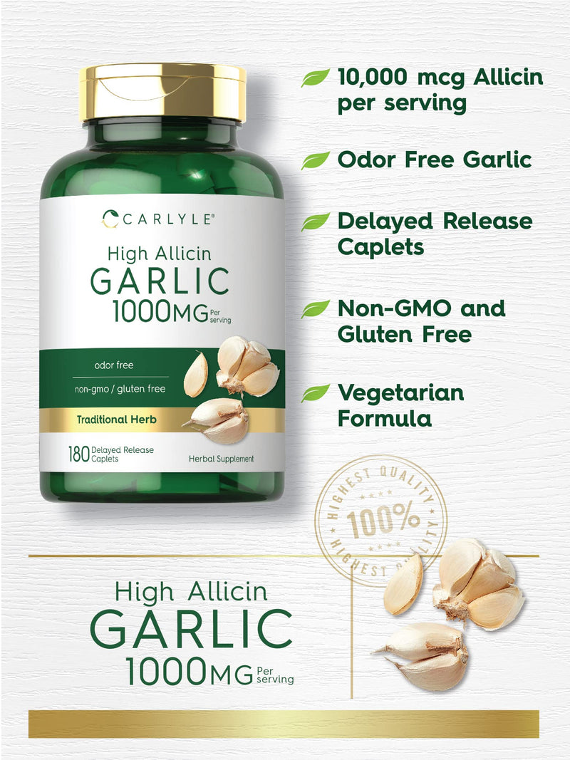 Carlyle Garlic Supplement with High Allicin | 180 Caplets | Odorless Garlic Pills | Vegetarian, Non-GMO, Gluten Free