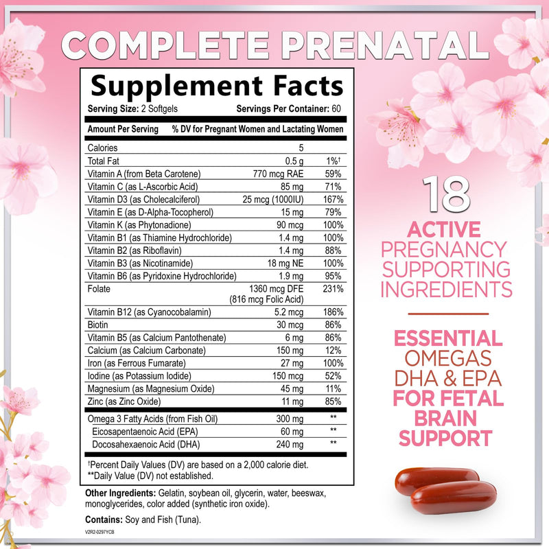 Prenatal Vitamins for Women with Folic Acid + Omega 3 DHA for Fetal Development Support - Prenatal Vitamin Supplement For Mom & Baby - Daily Pregnancy Multivitamin Nutritional Support - 120 Softgels 120 Count (Pack of 1)