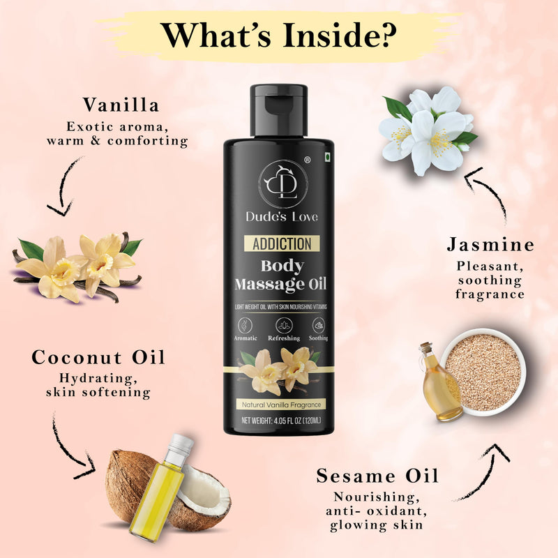 [Australia] - Organic - Vanilla Full Body Massage Oil - No Stain & Non-Sticky | with Fractionated Coconut Oil, Vanilla & Jasmin Oil | for Massage Therapy - 4.05 Fl Oz ADDICTION - VANILLA 4.05 Fl Oz (Pack of 1) 