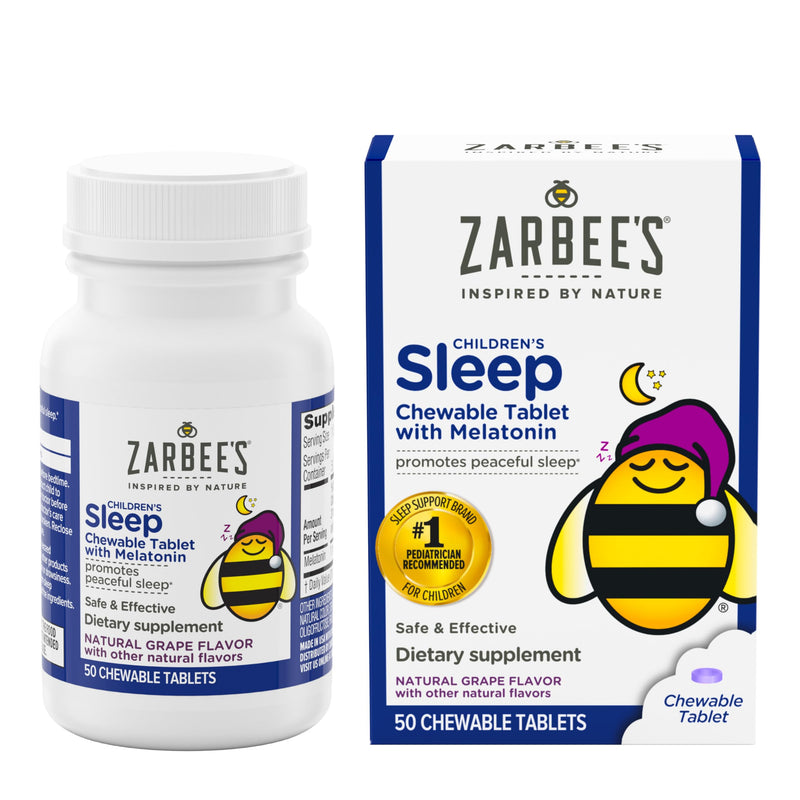 Zarbee's Kids 1mg Melatonin Chewable Tablet Drug-Free & Effective Sleep Supplement Easy to Take Natural Grape Flavor Tablets for Children Ages 3 and up 50 Count Grape Tablets, 50ct