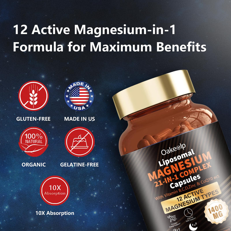 2 Packs Liposomal 12 Active Types Magnesium Complex 1400mg (Glycinate,Citrate,Malate etc) Capsule - with Vitamin D3, B6, B12, Ashwagandha & CoQ10 for Adult-Support Relaxation,Muscle & Heart 12 Types Magnesium Tasteless 120 Count (Pack of 2)