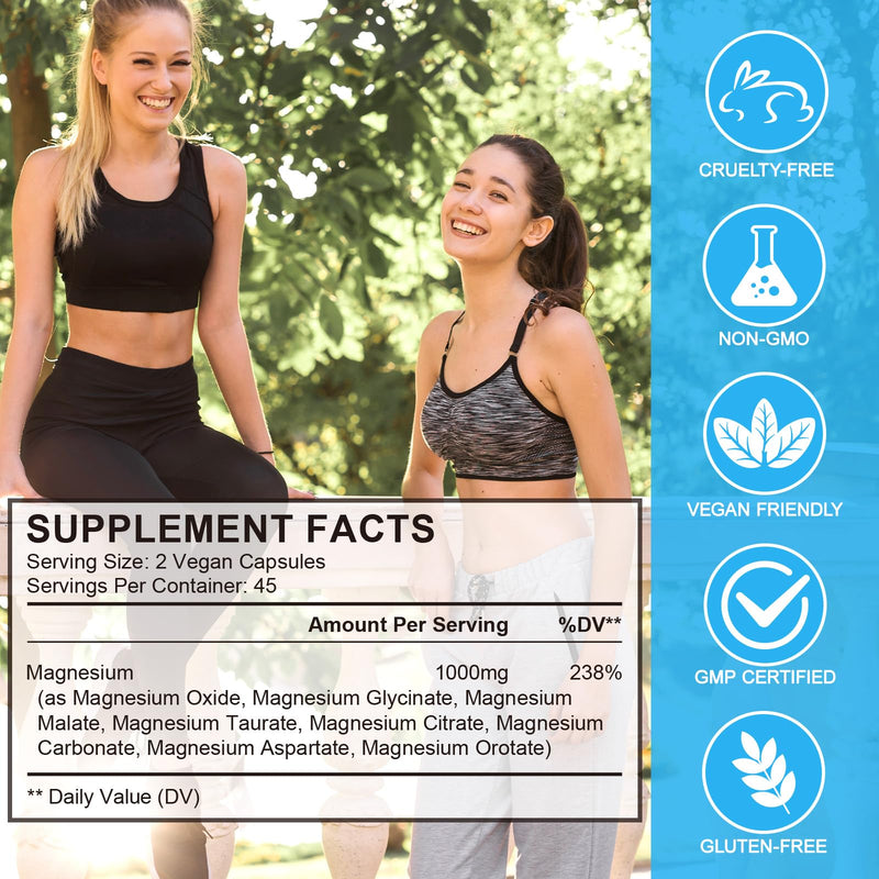 Magnesium Complex 8-in-1,1000mg High Potency with 8 Essential Forms, Vegan Capsules for Muscle, Nerve & Bowel Support, Relief Fatigue,90 Capsules