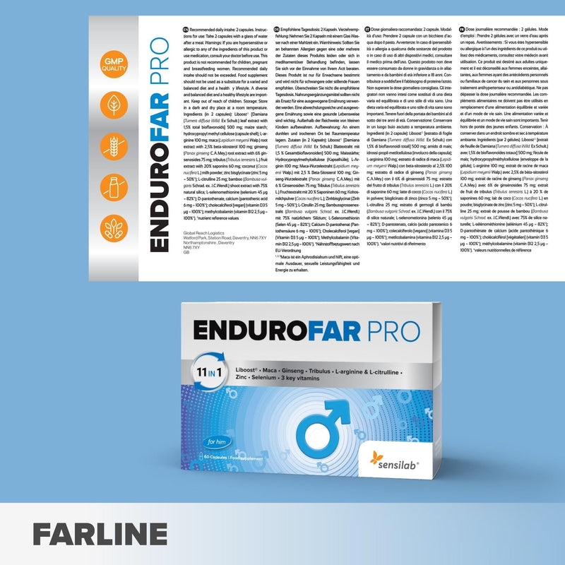 Sensilab EnduroFAR PRO for Men with Liboost, Maca, L-Arginine, Ginseng, Zinc, L-Citrulline, Tribulus Extract, Selenium, Vitamin D3, and Vitamin B12 – Herbal Supplement Capsules – 60 Count EnduroFAR 1x