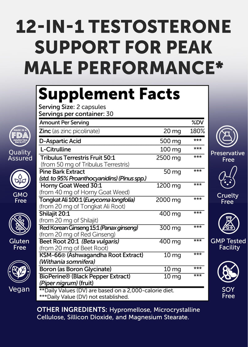 [Australia] - Lunakai USA Made Natural Testosterone Booster for Men with Tongkat Ali, Ashwagandha & Shilajit - Testosterone Supplement for Strength, Energy & Stamina, 60ct Single Bottle 