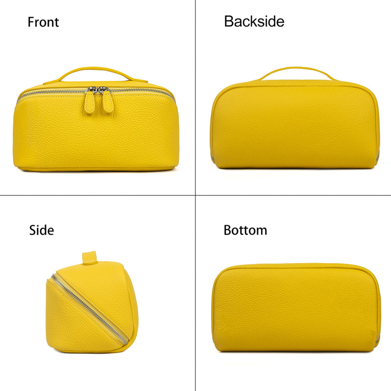 DORIS&JACKY Premium Leather Cosmetic Bag, Large Capacity Travel Makeup Case and Multi PocketsToiletry Storage Organizer with Divider and Tote Handle (4-Yellow) 4-Yellow