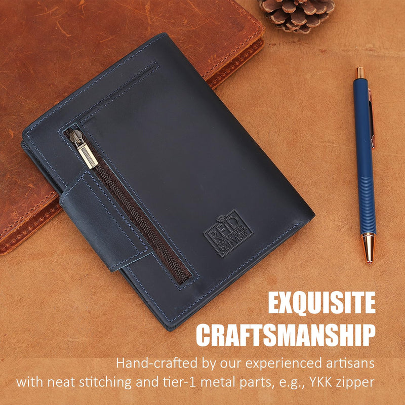 STAR VISTA Carmen Leather Passport Wallet, Dual Bifold Cash Pockets, RFID Blocking, ID Window, 6 Card Slots, Coin Pocket, SIM Slots, AirTag Slots, Navy Blue