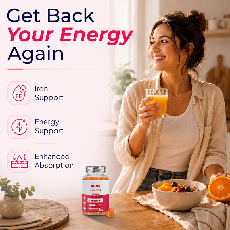 Iron Gummies with Vitamin C – High Strength Iron Supplement for Energy & Tiredness, Enhanced Absorption, Vegan, Non-GMO, Orange Flavour, 60 Gummies