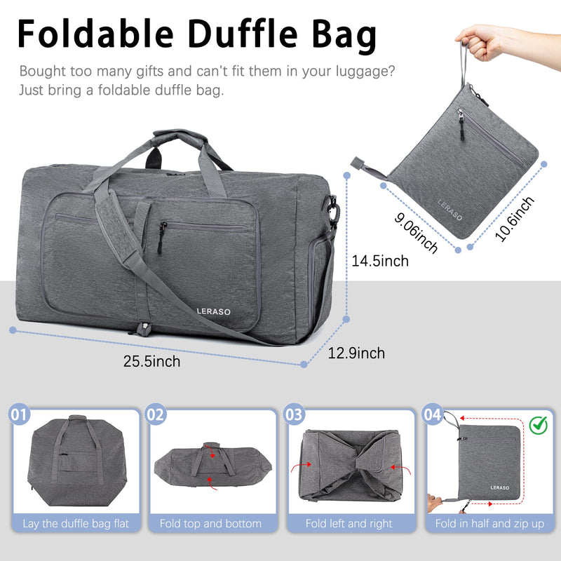 65L Foldable Duffle Bag with Shoe Compartment - Large Travel Duffel Bag for Men & Women, Packable Weekend Bag with Trolley Sleeve, Water-Resistant & Lightweight Gym Bag for Travel, Sports（Grey） Grey