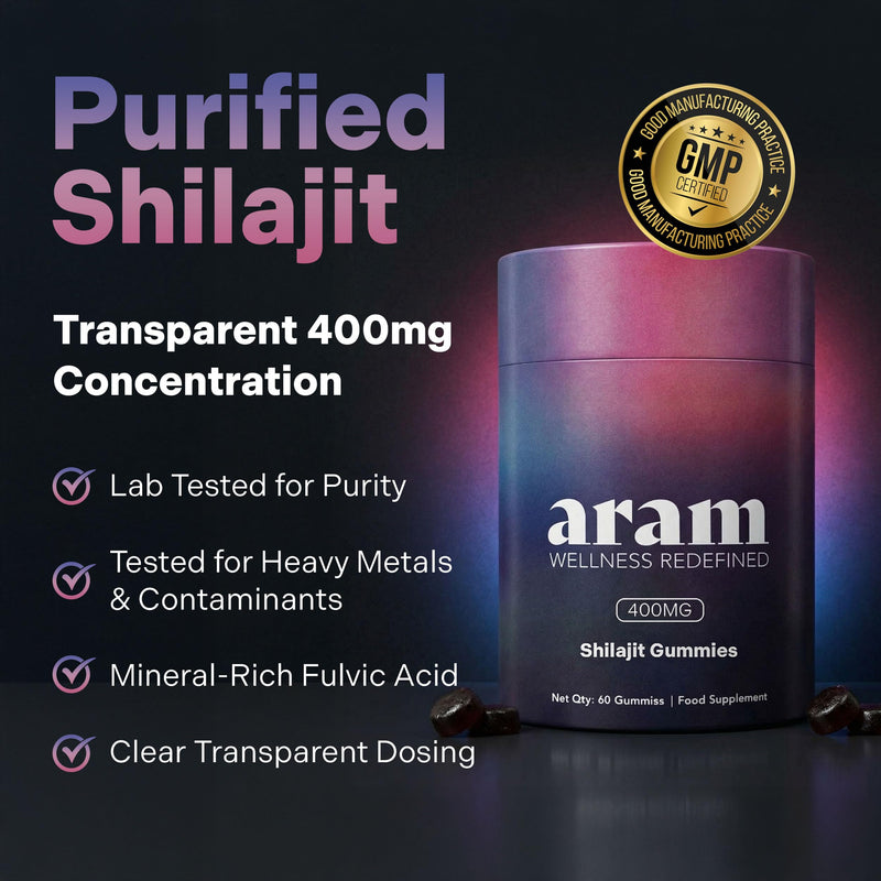ARAM Lab Tested Purified Shilajit Extract Gummies 400mg | Himalayan Sourced Tamarind Flavour Shilajit Supplement | Mineral Rich Fulvic Acid | Sugar Free Pectin Vegan | 60 Gummies