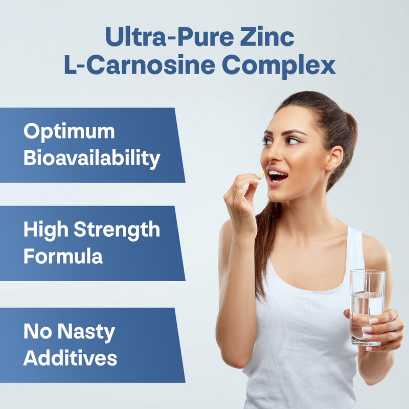 Zinc L-Carnosine Supplement - 75mg x 180 Capsules of Maximum Bioavailable Zinc L-Carnosine 2 Per Serving, Supports Gut Health, Nutrient Absorption, Digestive Comfort - 3 Months Supply 180 count (Pack of 1)