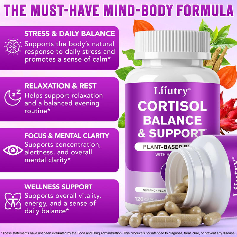 Cortisol Supplements for Women and Men, Balance Cortisol & Support Relaxation for Sleep, Mood & Focus Supplement, Non-GMO, Vegan Friendly – 120 Capsules