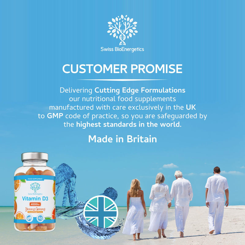 Vitamin D3 Gummies 4000IU, 100µg - 60 Natural Orange Flavour Chewable Yummy Gummies - 2 Month Supply - Made in the UK