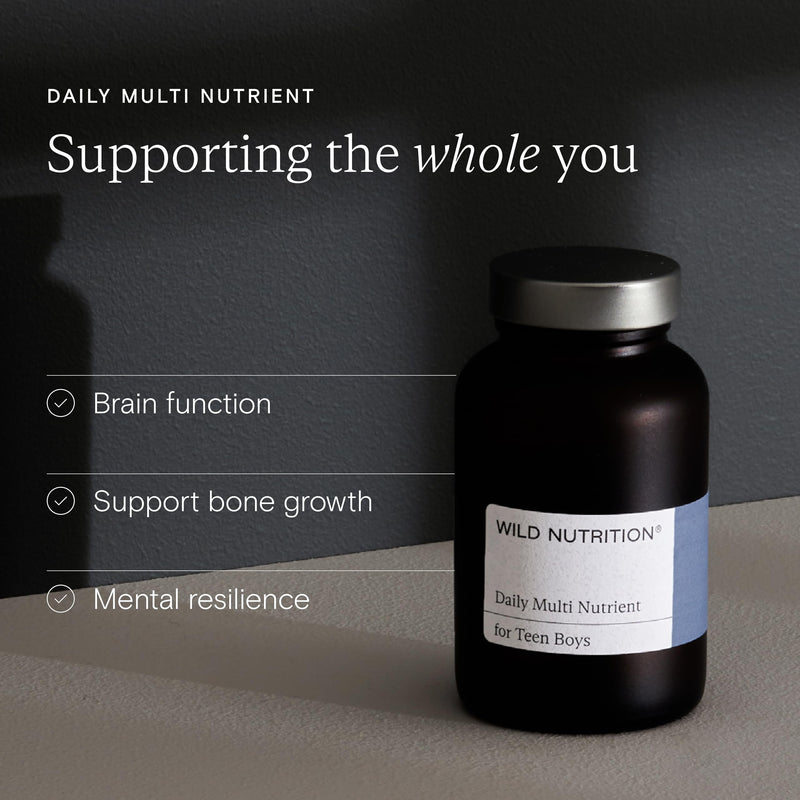 WILD NUTRITION Food-Grown Teen Boy Daily Multi Nutrient | Multivitamin for Teens Boys with Zinc, Selenium, Folate and More to Support Strong Bones, Brain Health, and Hormone Balance | 60 Capsules Teen Boys