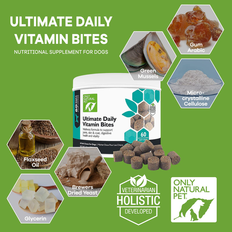 Only Natural Pet Ultimate Daily Vitamins - Complete Multivitamin Supplement for Dogs Balanced Health & Vitality - Senior Small & Large Canine Food Immune Digestive Support -60 Soft Chews (Pack of 1) 60 Count (Pack of 1) - PawsPlanet Australia
