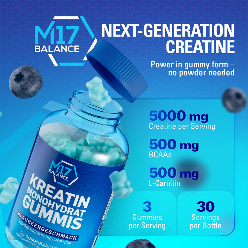 Creatine Monohydrate Gummy Bears - 5000 mg Creatine with BCAAs & L-Carnitine per Dose - for Muscle Building - Sugar Free, Anti-Melt Formula, Vegan, Gluten Free - 30 Servings (90 Count, Blueberry) 90 count (Pack of 1)