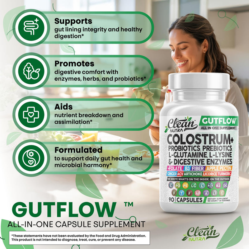 [Australia] - Clean Nutraceuticals Colostrum Supplement Capsules Probiotics Pills Prebiotics, L-Glutamine, Digestive Enzymes, Folate, Fiber, ACV, Turmeric, Apple Pectin and Turmeric Pills 