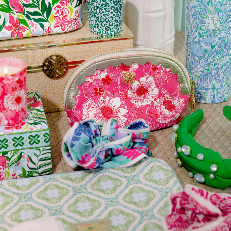Lilly Pulitzer Vegan Leather Zipper Pouch Set of 2, Large and Small Travel Toiletry Bags with Scallop Edges for Supplies, Makeup or Toiletries (Glowing Garden/Feeling Poppy)