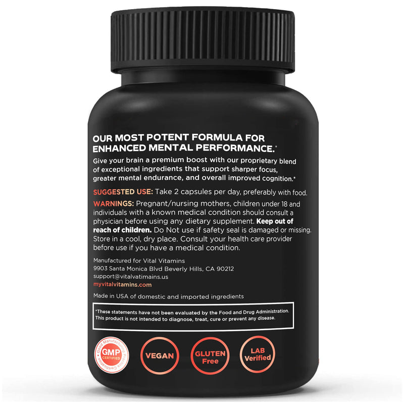 Vital Vitamins Brain Booster Plus for Memory, Focus & Clarity | Five Nootropic Blends with Lion's Mane Mushrooms, Ginkgo & Rhodiola, Vegan, 60 Capsules 60 Count (Pack of 1)