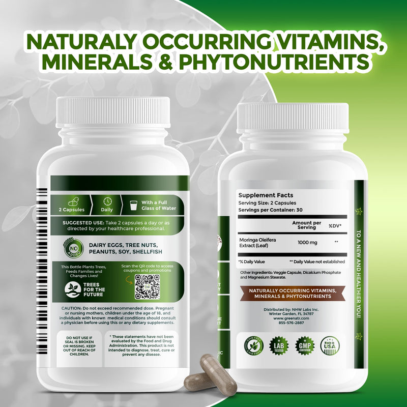 Pure Moringa Oleifera Green Superfood Capsules with Vitamin C, Omega 3 & Amino Acids - Boosts Energy, Mood, Memory, Immune Support - Made from Organic Moringa, Non-GMO - 60 Capsules (1 Bottle) | Boosts Energy, Mood, Memory, Immune Support - Made from O...