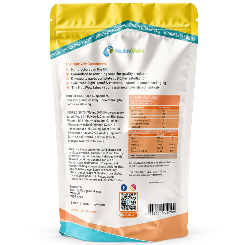Brain DHA Focus Gummies | 60 Vegan Gummies | Omega 3 DHA from Algae Oil, Choline, B12, Iodine & K2 MK-7 | Peach & Mango Flavour | Brain & Cognitive Support | 30 Days Supply | UK Made | by NutriVolv