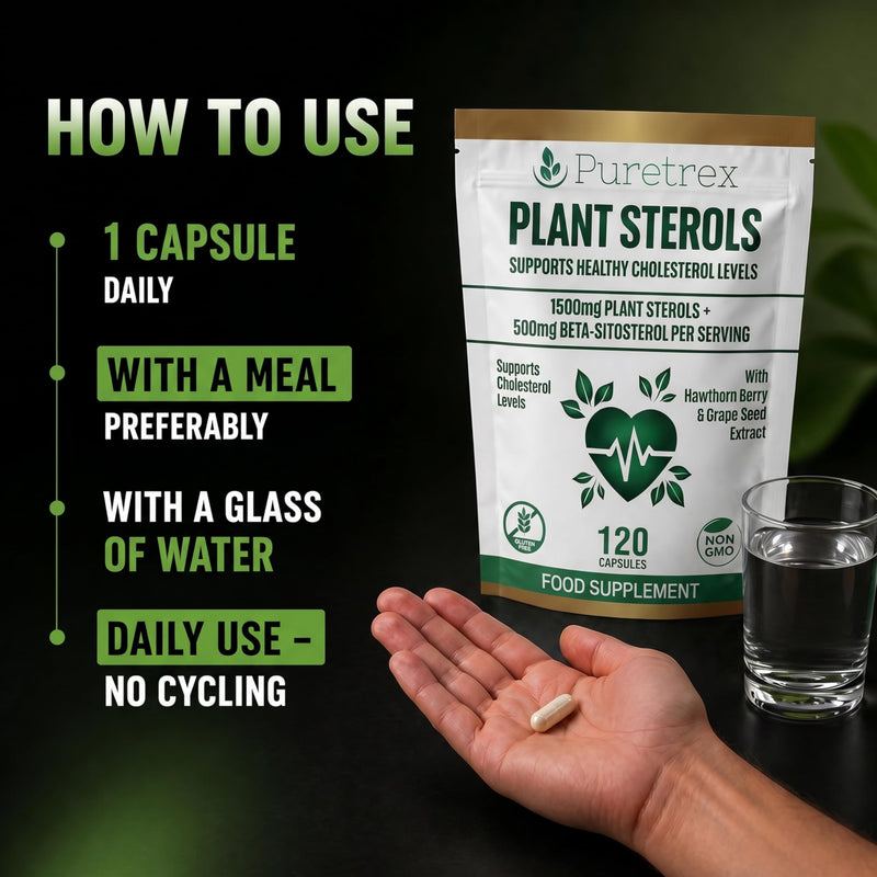 PURETREX Plant Sterols 2000MG Complex with Beta-Sitosterol - Supports Healthy Cholesterol Levels - with Hawthorn Berry & Grape Seed Extract - 120 Capsules - Gluten-Free & Non-GMO Food Supplement