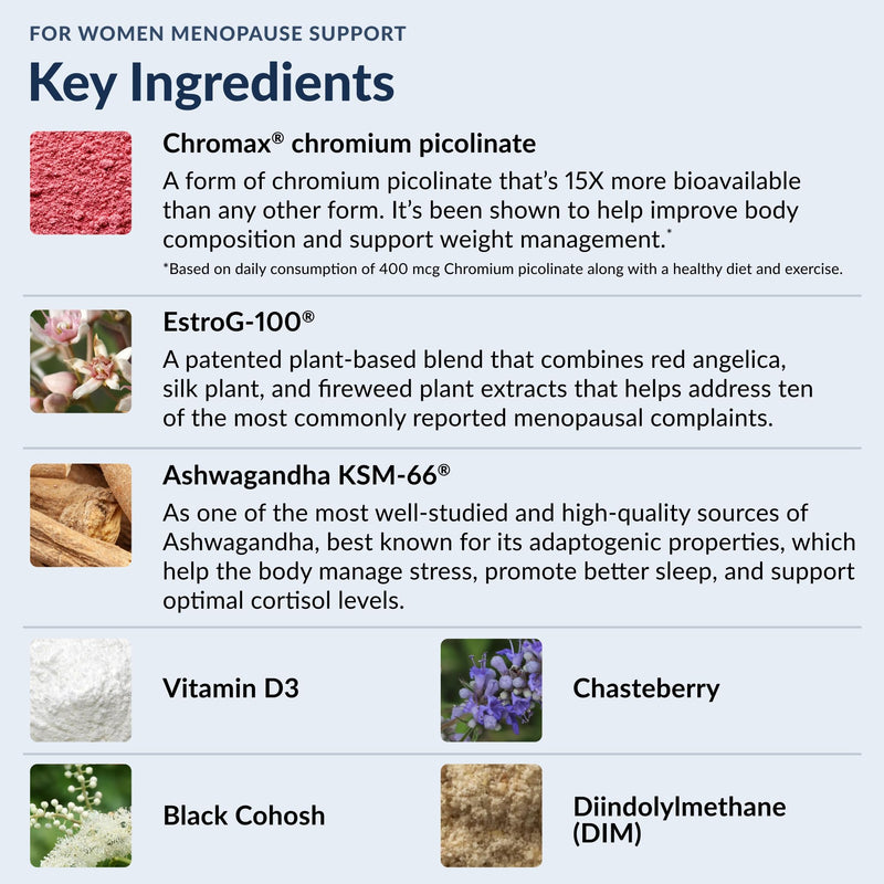 [Australia] - Stonehenge Health for Women Menopause Support for Peri + Menopause + Post - Mood, Energy, Stress, Hot Flashes, Night Sweats, Sleep & Cortisol, Chromax Chromium, Vitamin D3, KSM-66 Ashwagandha Extract 