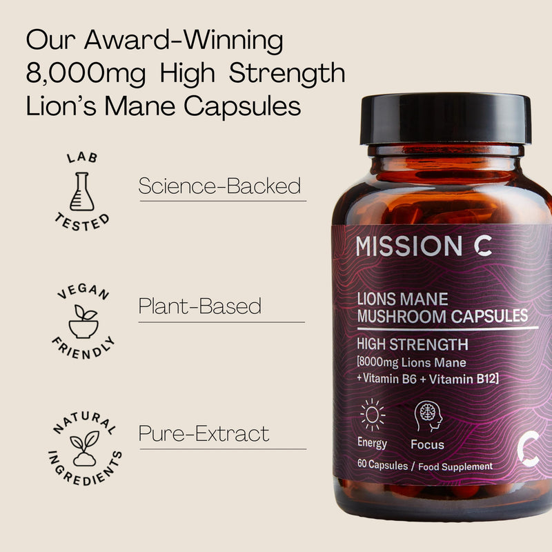 Lions Mane Mushroom Capsules 8,000mg with Added Vitamin B6 and B12 | Nootropic Supplement for Cognition, Mood, Immunity & Inflammation | 60 Two-a-Day Vegan Capsules - Mission C Lion's Mane