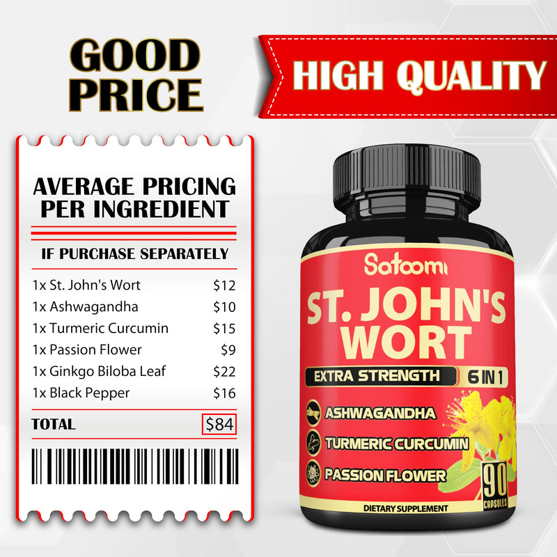 [Australia] - Satoomi St. John's Wort Capsules Extract Supplement 5050mg - 90 Veggie Caps 3-Month Supply - Ashwagandha Root, Turmeric Curcumin Root, Passion Flower & more 