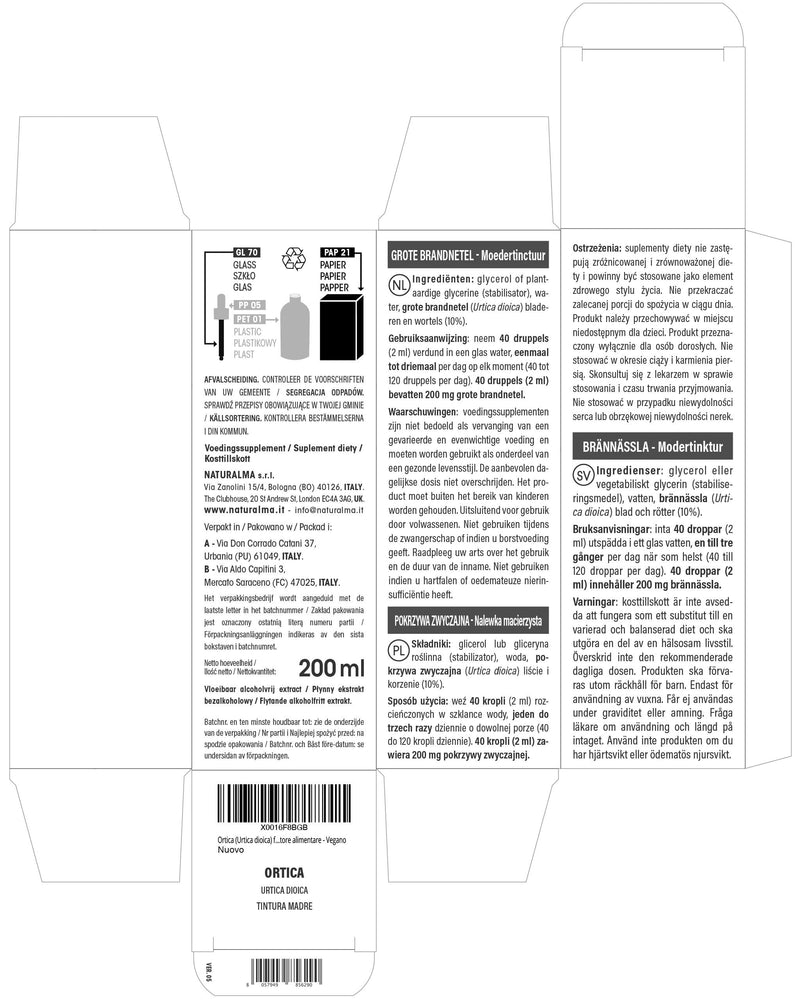 Nettle (Urtica dioica) Leaves and Roots Alcohol-Free Mother Tincture Naturalma - Liquid Extract Drops 200 ml - Food Supplement - Vegan 200 ml (Pack of 1)