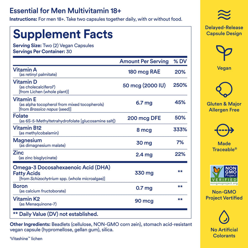 [Australia] - Ritual Multivitamin for Men 18+ with Zinc, Vitamin A and D3 for Immune Function Support*, Omega-3 DHA, B12, K2, Gluten Free, Non-GMO, Vegan, Mint Essenced, 30 Day Supply 60 Count (Pack of 1) 
