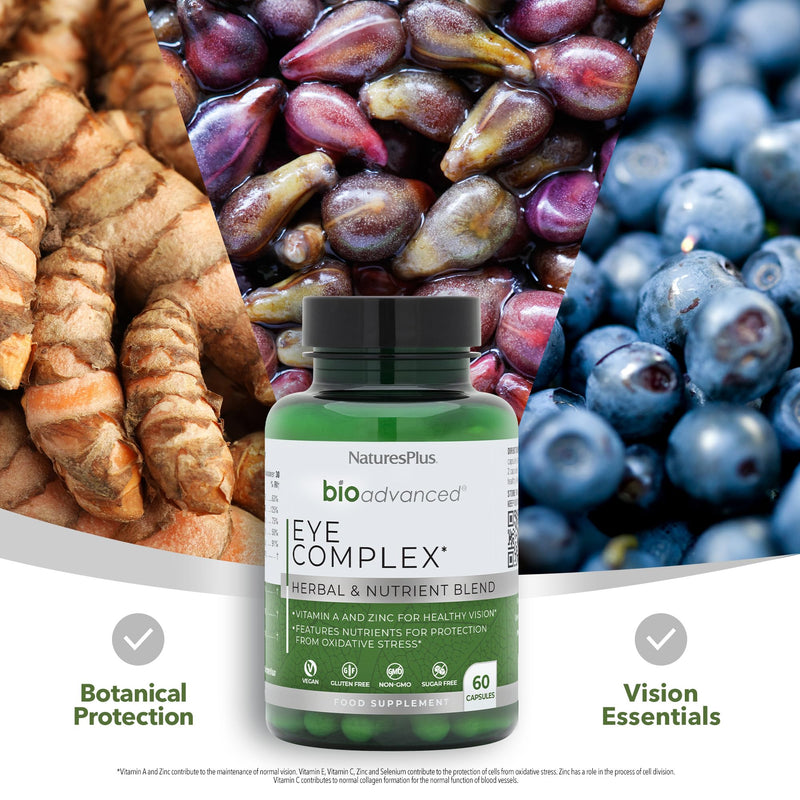 NaturesPlus Bio Advanced Eye Complex - Vision and Eye Supplement, Tired and Dry Eyes, Blue Lights, Antioxidants - Lutein, Vitamin A, C, E, Zinc, Botanicals - Vegan, Gluten-Free - 60 Capsules